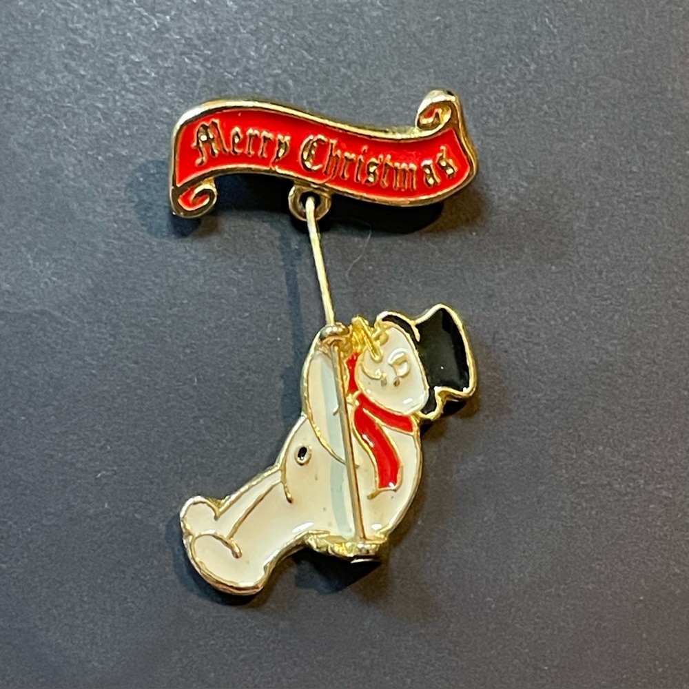 Unusual Gold Crown Articulated Swinging Enamel Snowman Pin
